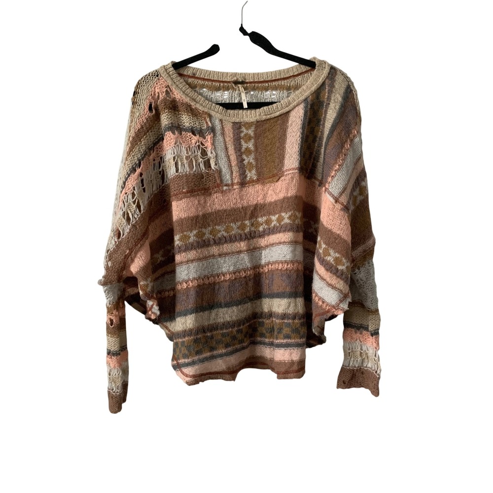 Free People Oversized Distressed Knit Sweater OS Pink Brown Boho OB385759